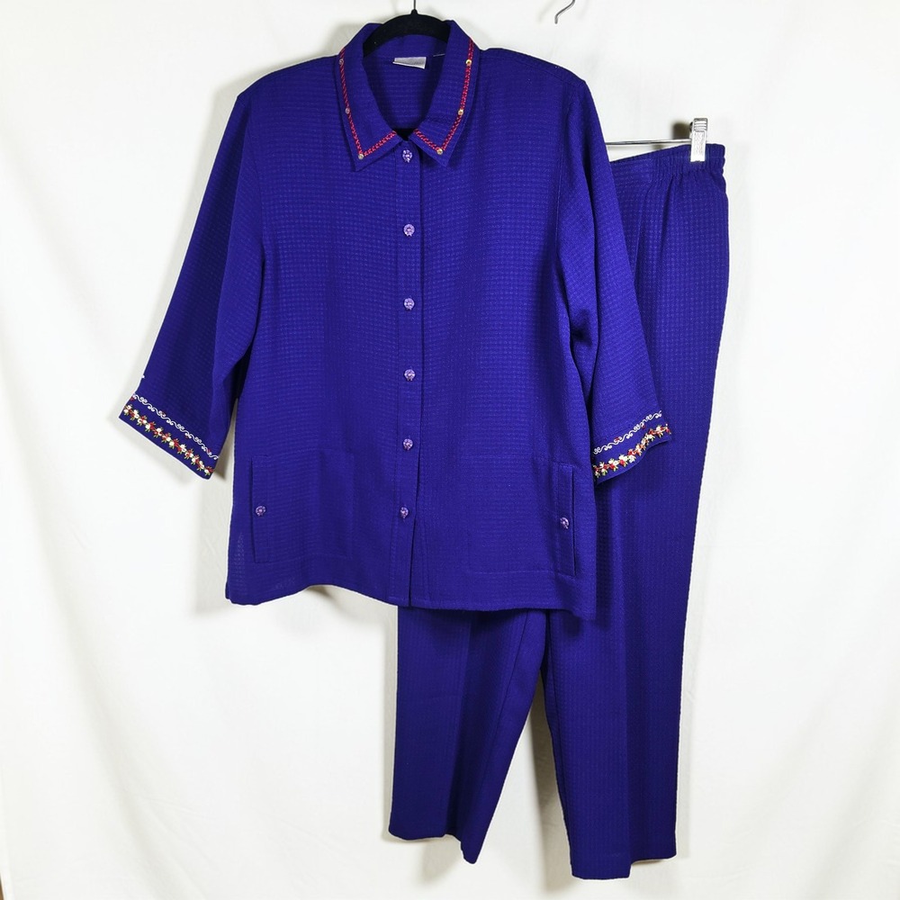 Koret Petites Purple Textured Pant Set Embroidered Button Front Tunic Top Medium